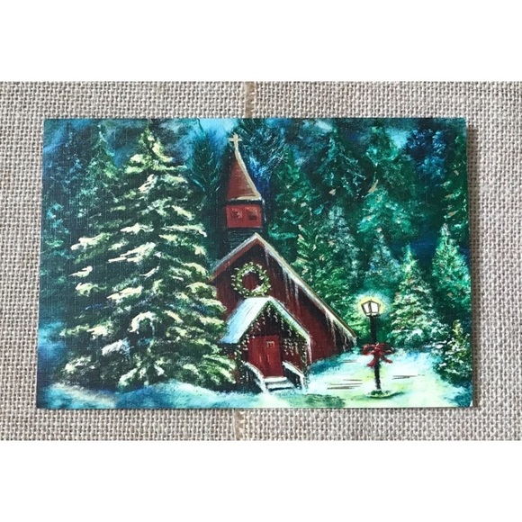 Other - Mark W Sotak Quiet Snowfall Christmas Card Church Pine Trees Winter Framable
